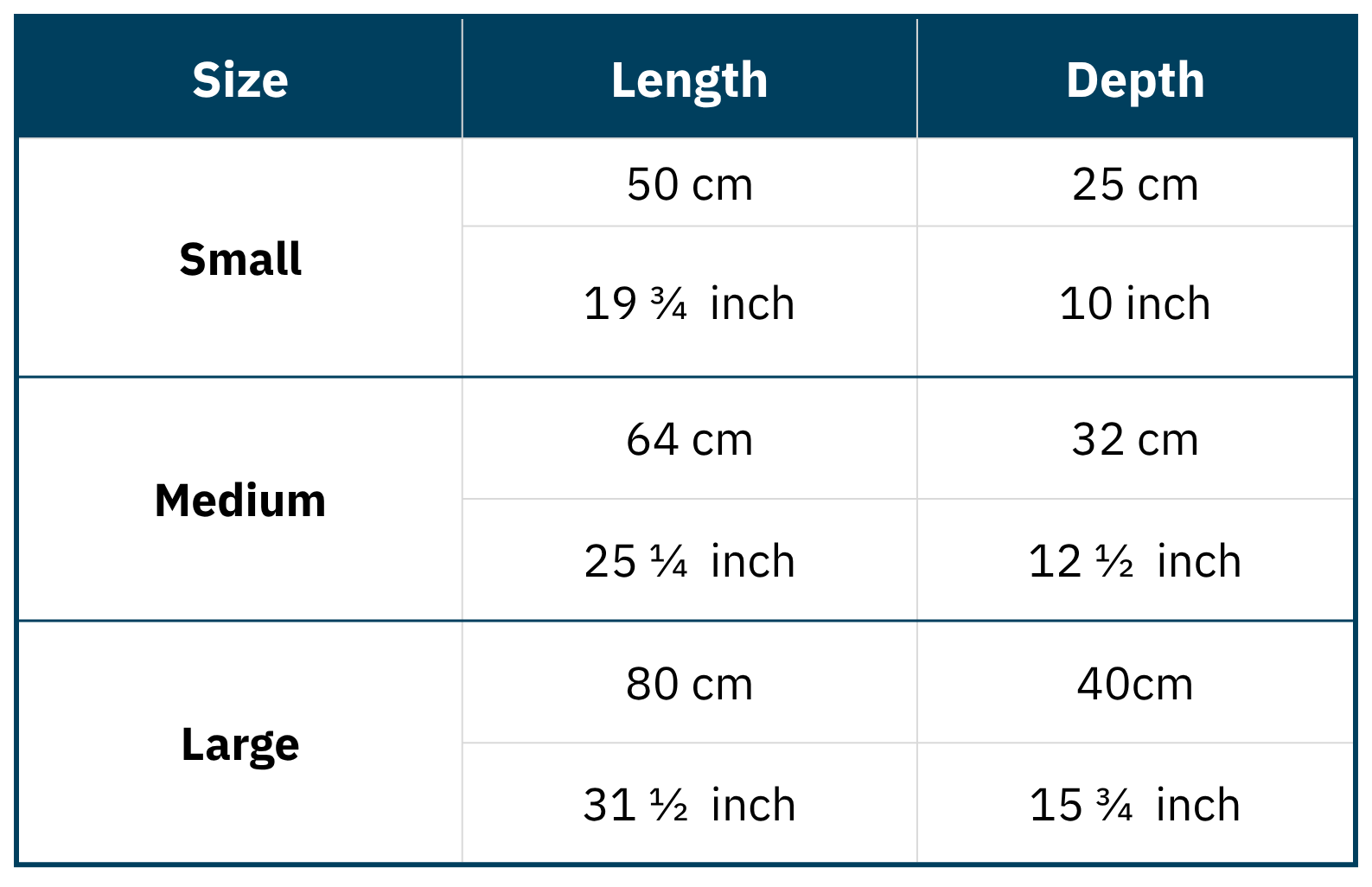 Table showing dimensions of small, medium, and large Bark&Hare bandanas in centimeters and inches.