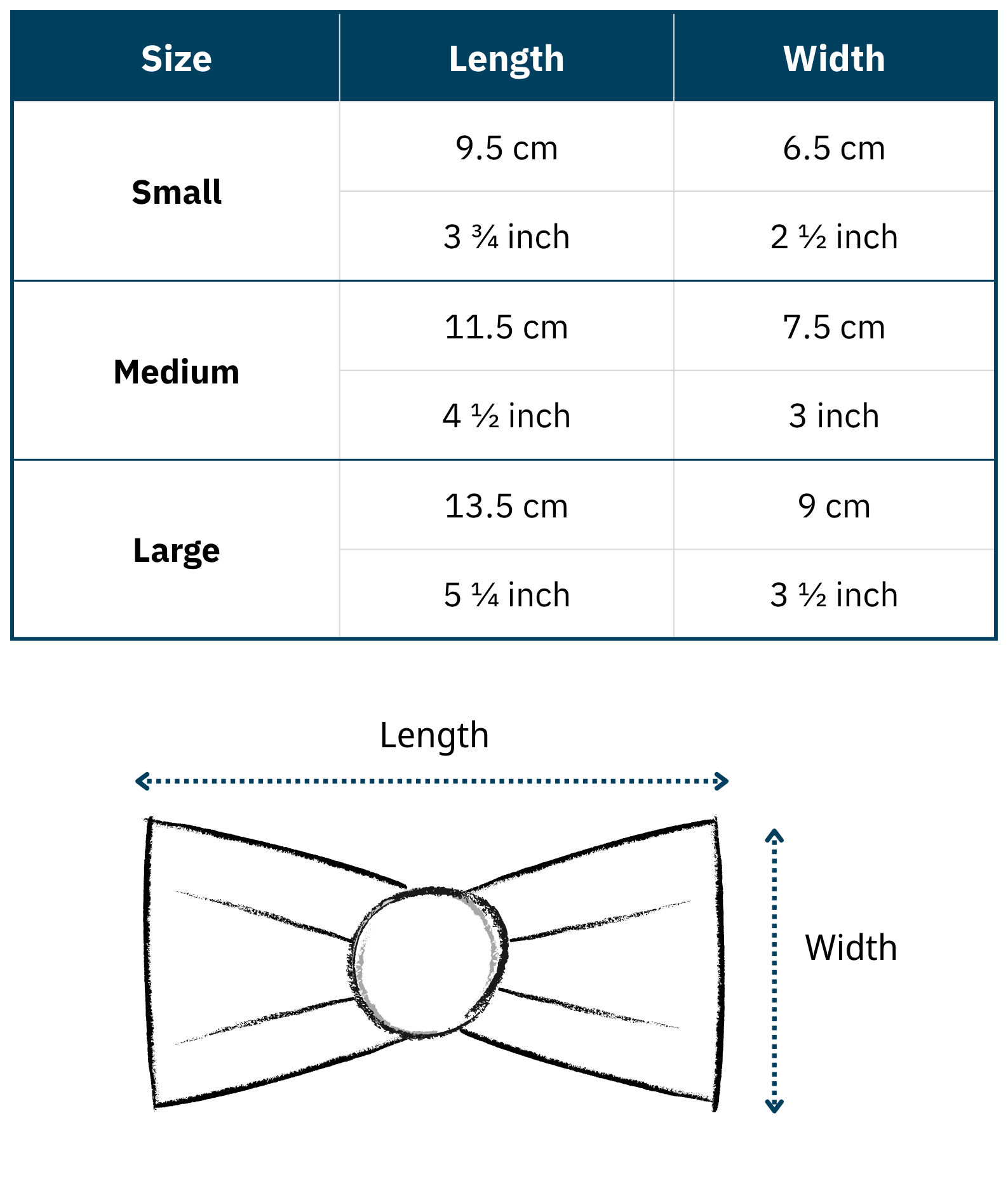 Measurement chart and diagram for bow ties with sizes Small, Medium, and Large, showing length and width in both centimeters and inches.