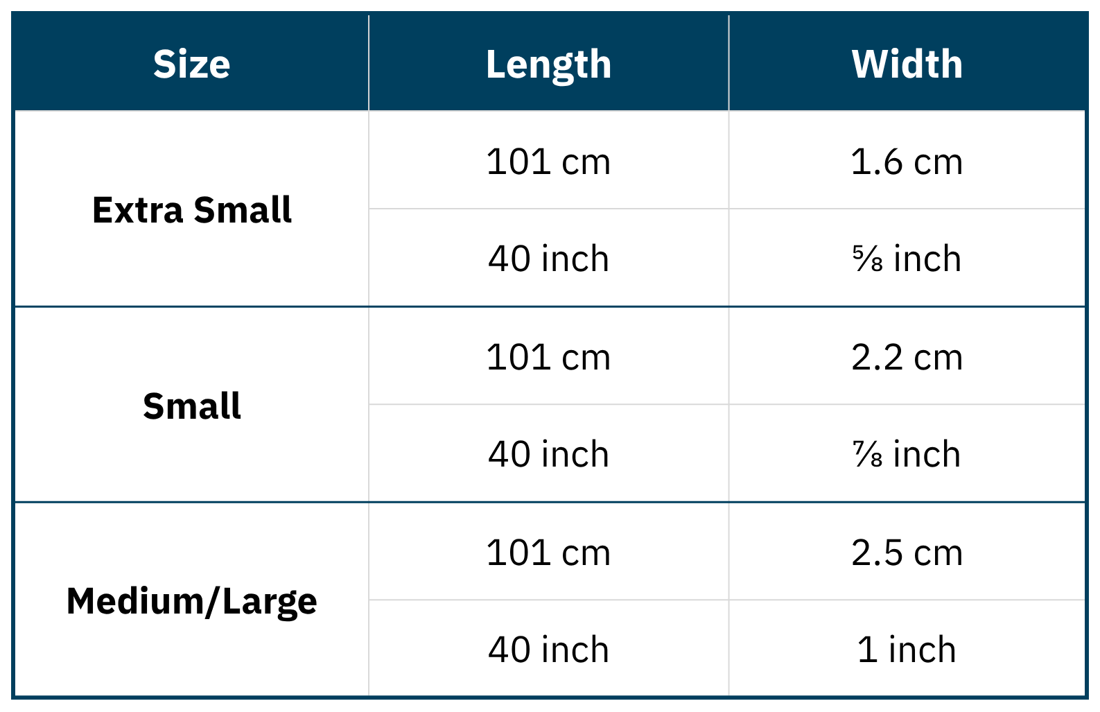 Table displaying size chart for leads with dimensions for three different sizes on a white background