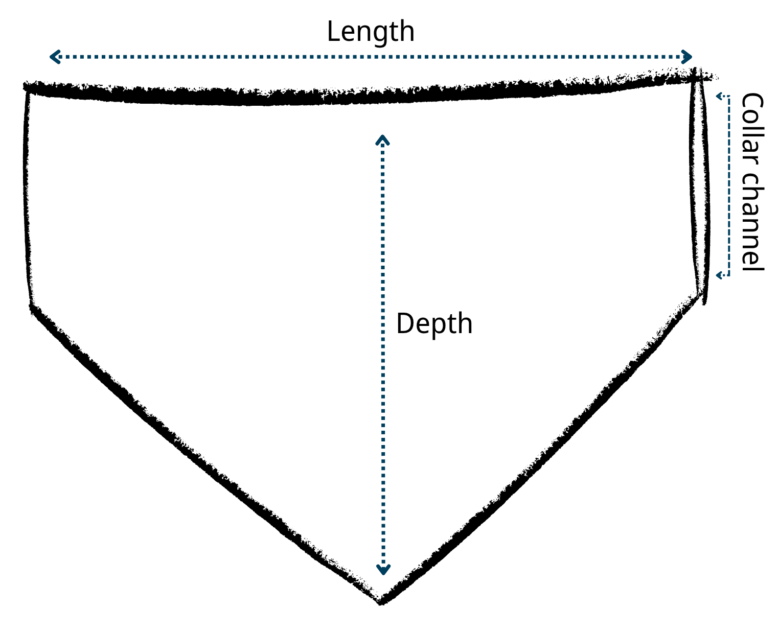 Diagram of a neckerchief with labeled measurements for length, depth, and collar channel.